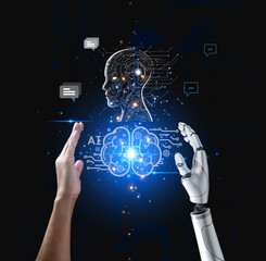 A robot hand is reaching out to a human brain. Concept of artificial intelligence and the potential...