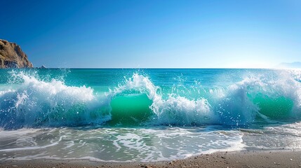 Naklejka premium Cool Teal Waves Crashing on a Sunny Coastal Beach, Exhilarating Seaside Day