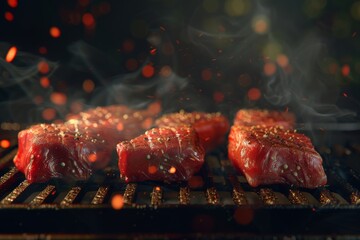 A close up of four pieces of meat on a grill,having a barbecue , barbecue grill, summer activities.
