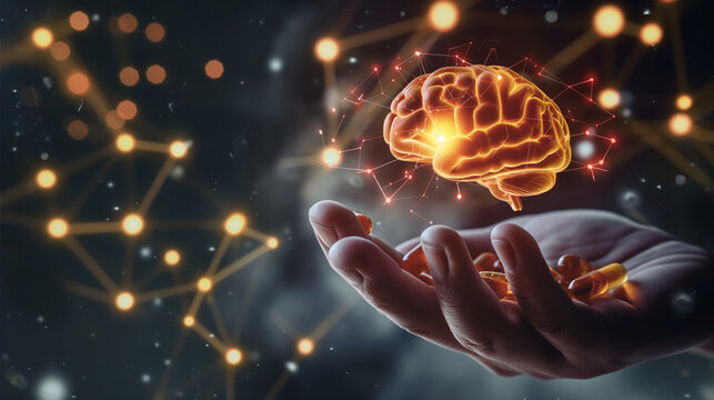 A hand holding omega-3 capsules with an illustrated brain in the background, emphasizing the connection between supplements and brain health. Dynamic and dramatic composition, with