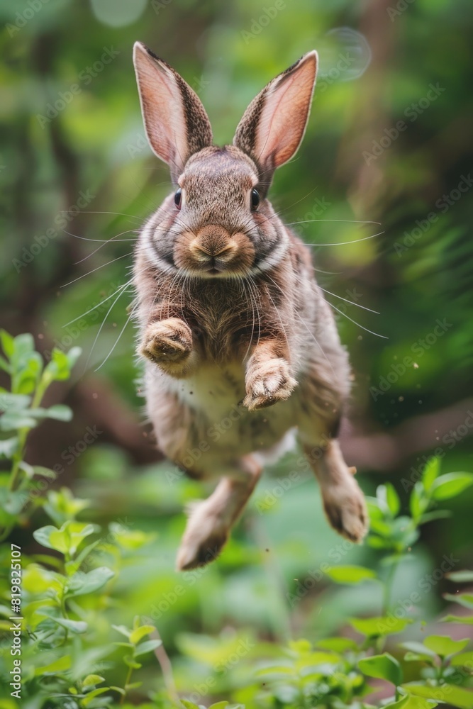 Poster a rabbit jumping in the forest. suitable for nature-themed designs