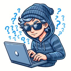hacker operating a laptop cartoon vector icon illustration