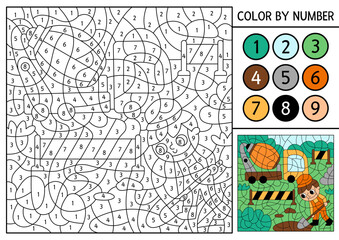 Vector construction site themed color by number activity with concrete mixer and worker digging hole. Black and white counting game with industrial landscape. Coloring page for kids with vehicle.