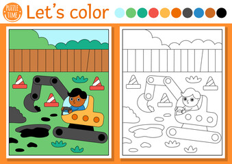 Construction site coloring page for children with excavator digging hole. Vector repair works outline illustration. Color book for kids with colored example. Drawing skills printable worksheet.