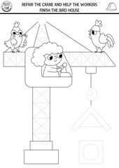 Vector construction site handwriting practice worksheet. Repair works printable black and white activity for kids. Tracing game for writing skills. Coloring page with lifting crane, bird house, hen