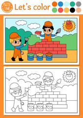Construction site coloring page for children with workers building brick wall. Vector repair works outline illustration. Color book for kids with colored example. Drawing skills printable worksheet.