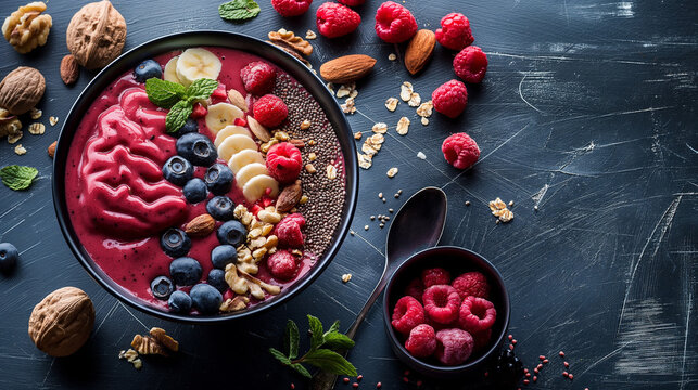 A smoothie bowl with ingredients arranged to form a brain pattern, showcasing nutrient-rich foods like berries, seeds, and nuts. Dynamic and dramatic composition, with cope space