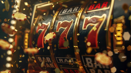 close up of a slot machine showing triple sevens with bright lights and golden confetti