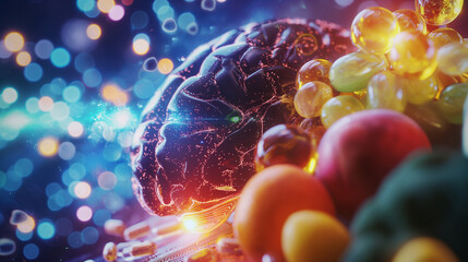 Close-up of food labels highlighting brain-boosting nutrients like omega-3, antioxidants, and vitamins, with a brain graphic in the background. Dynamic and dramatic composition, wi