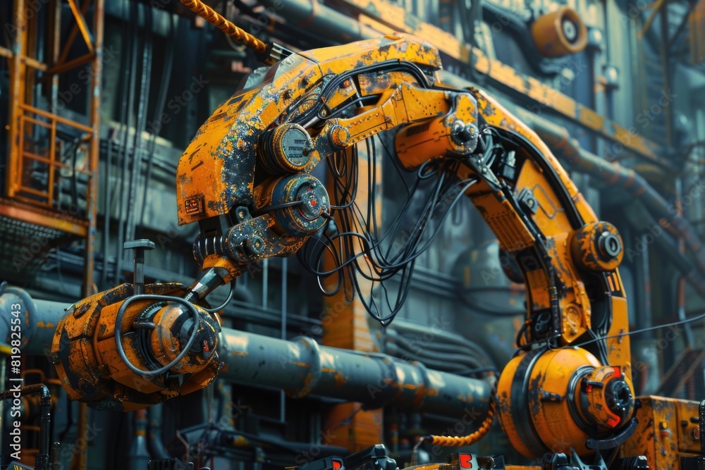 Poster a large yellow machine in a factory. suitable for industrial concepts