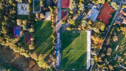 Soccer field with goal and penalty area from above. Overhead view of the penalty area of a football...