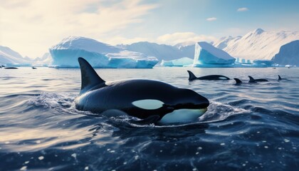 Fototapeta premium Groups of Orcas or killer whales swim and hunt for prey, the top of the food chain in a sea of ​​ice floes