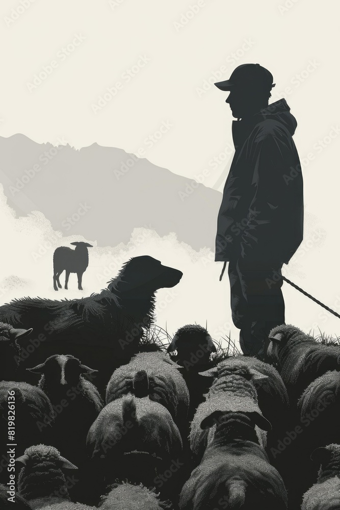 Poster a man standing in front of a herd of sheep. suitable for agricultural and farming concepts