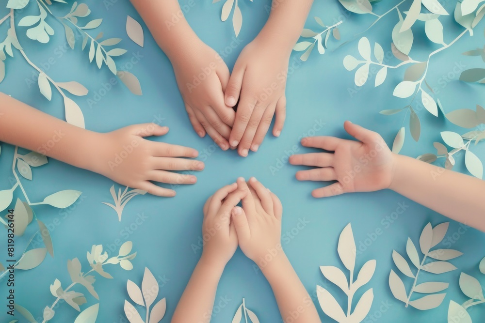 Poster a group of people holding hands in a circle, suitable for teamwork concepts