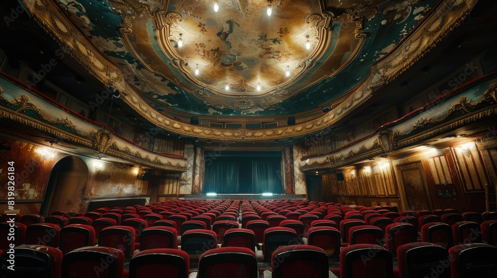 Poster a theater with red seats and a ceiling painted with gold. ideal for promotional material for theater