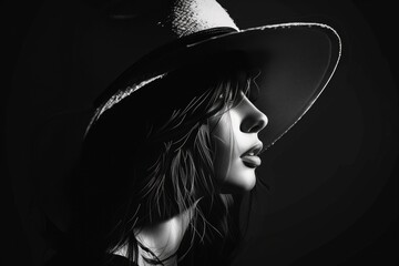 A woman wearing a hat in a dark setting. Suitable for fashion or mystery themes