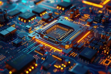 Fototapeta premium Detailed view of a computer motherboard, suitable for technology concepts