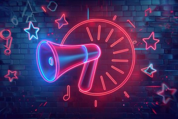 A neon sign with a megaphone in front of a brick wall. Suitable for advertising or communication concepts