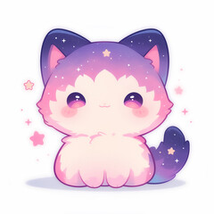 Nebula cat kawaii illustration for stickers, logos and emotes, cloudy galaxy texture adorable cute design stationery set