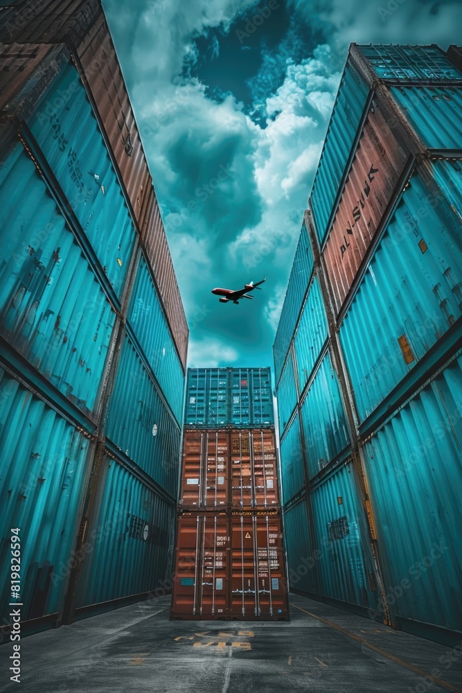 Poster a plane flying over a row of shipping containers. suitable for transportation and logistics concepts