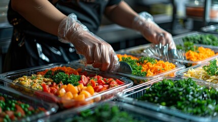 Obraz premium Worker preparing healthy meals in disposable containers