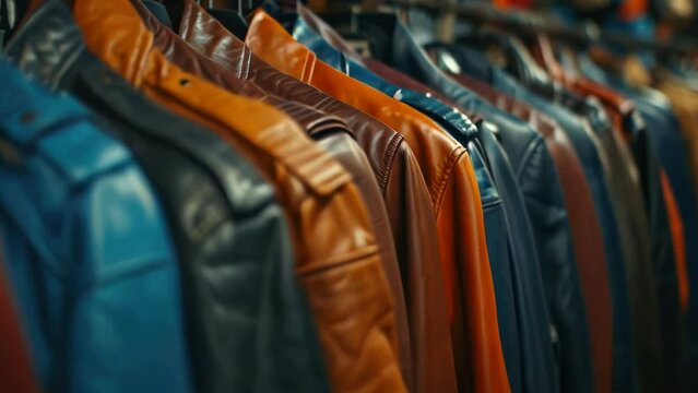 A rack of leather jackets in various colors. The jackets are hanging on a rack, and the colors include blue, brown, and orange