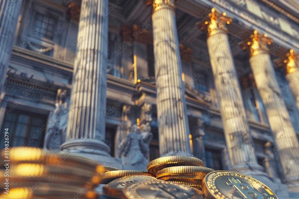 Poster stack of gold coins placed in front of a building, ideal for finance and investment concepts