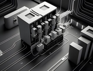 Intricate Maze of Metallic Computer Data Processing Facility with Gleaming Surfaces and Blinking LED Lights