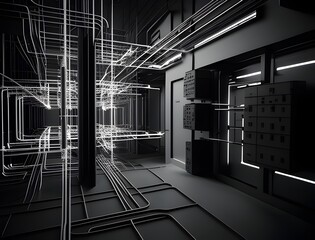Captivating 3D Rendered Computer Data Processing Facility with Intricate Cabling Gleaming Metallic Surfaces and Precise Technical Aesthetic Inspired