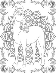 Horse on Mandala Coloring Page. Printable Coloring Worksheet for Adults and Kids. Educational Resources for School and Preschool. Mandala Coloring for Adults