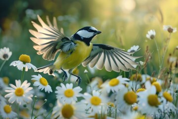 Fototapeta premium A bird flying over a beautiful field of white and yellow flowers. Perfect for nature and springtime themes