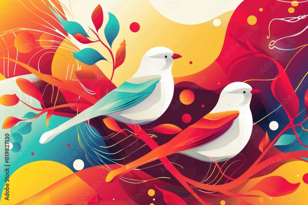 Wall mural Two birds perched on a tree branch. Suitable for nature and wildlife themes