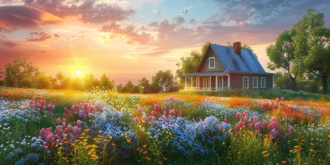landscape with tulips and lake, Paint a picture of idyllic summer bliss with an image of a quaint farmhouse nestled amidst vibrant wildflowers under the warm glow of the evening sun