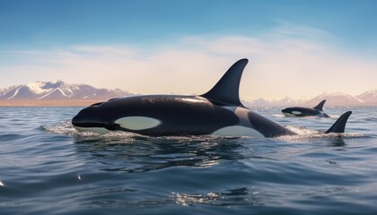 Fototapeta premium Groups of Orcas or killer whales swim and hunt for prey, the top of the food chain in a sea of ​​ice floes
