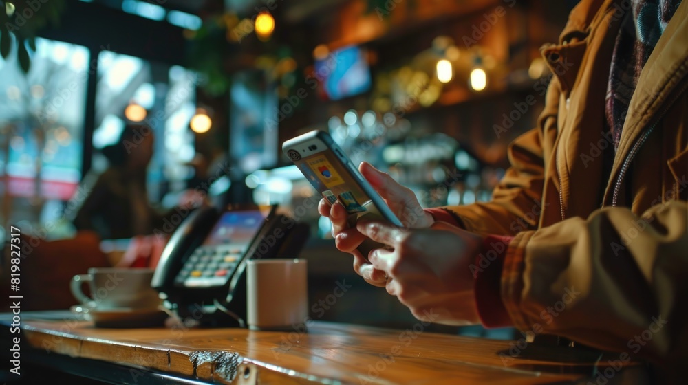 Poster a person using a cell phone at a bar. suitable for social media or technology concepts