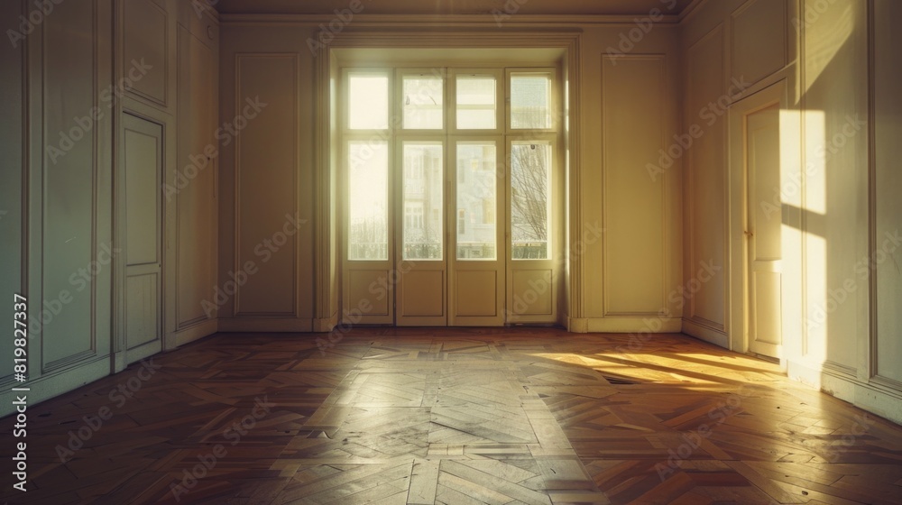 Poster An empty room with a door and a window. Suitable for interior design concepts