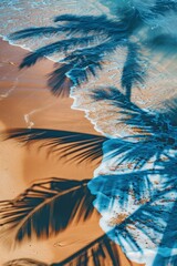 Palm tree shadows on blue water background, palm branch on beach pattern, ocean wave sunlight palm shadow