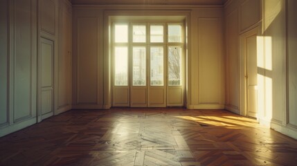 Fototapeta premium An empty room with a door and a window. Suitable for interior design concepts