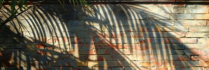 Palm Tree Shadows on Brick Wall Texture, palm branch at sunlight, foliage pattern, tropic plant silhouette