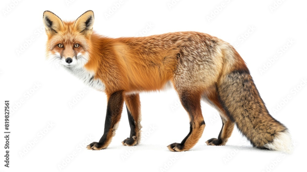 Poster a red fox standing on a white surface, suitable for various projects