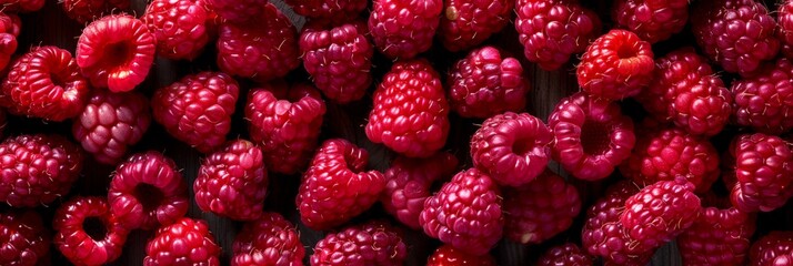 Raspberry berries texture background, Rubus idaeus fruits pattern, many red-fruited raspberries mockup, berries banner, pink berry top view with copy space for text, generative ai illustration