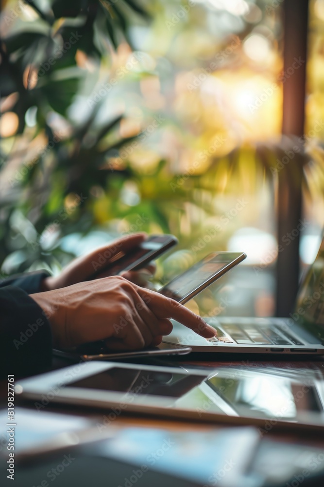 Poster A person multitasking with technology devices. Suitable for business and technology concepts