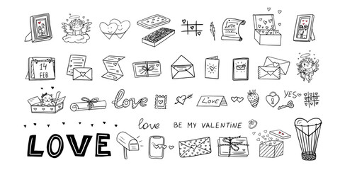 Set doodle vector elements with hearts, love letters, envelopes with heart icons, frames photos, cupids for valentine's day cards, wedding day. Great for valentine's day cards, posters, design