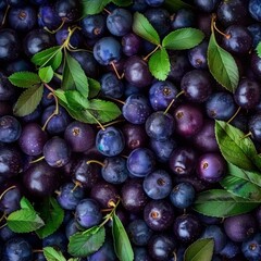 Fototapeta premium Blackthorn berry texture background, Prunus spinosa fruits pattern, many sloe berries mockup, sloeberry banner