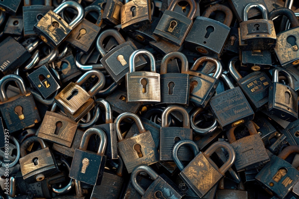 Poster a pile of padlocks stacked together, symbolizing security and protection. perfect for illustrating c