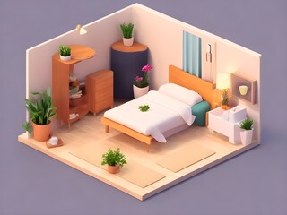 Isometric living room with a bed