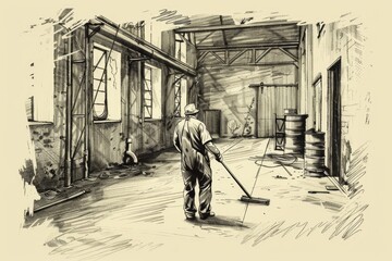 A man is shown sweeping the floor. Suitable for cleaning services promotions
