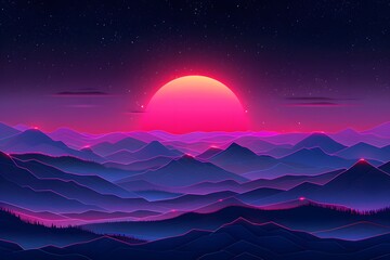 Futuristic Landscape: Neon Sunset Over Surreal Mountain Range for Digital Art, Wallpaper, and Prints