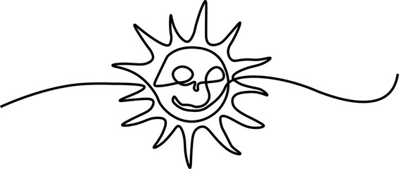 Sun continuous one line art drawing. Summer sun contour line sign. Vector illustration isolated on white.Face.eps