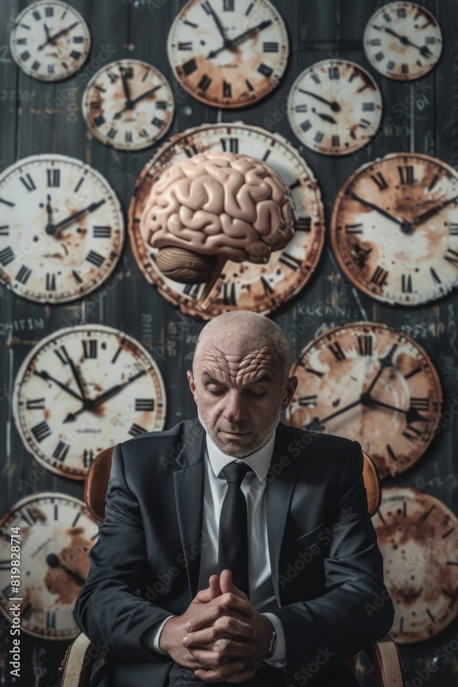 Aufkleber a man sitting in a chair surrounded by various clocks. suitable for time management concepts
